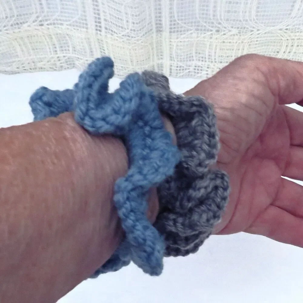 Handmade Crocheted Blue & Gray Scrunchies Set of 2, Mom Bun Holder, T-Shirt Tie
